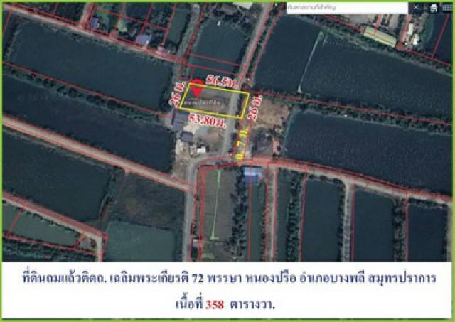 ขายถูกมากที่ดินติดถนนเฉลิมพระเกียรติ72 ต.หนองปรือ บางพลี  เนื้อที่ 358 วา ขายเหมายกแปลง อบต.หนองปรือ บางพลี สมุทรปราการ 10540