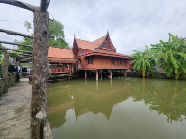 บ้านทรงไทยแท้ บนบ่อน้ำส่วนตัว ใจกลางบางกรวย นนทบุรี (ซอยหมู่บ้านธนากร 2) พร้อมใช้งาน  ขนาด 167.4 ตารางวา